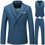 Itooh Men Casual Boutique Business Double Breasted Suit Coat 3 Piece Set / Solid Color Slim Fit Blazers Jacket Pants Vest Trousers