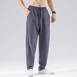 Itooh Beach Breathable Thin Cotton Linen Pants Men Casual Loose Drawstring Lace-up Straight Trousers Spring Summer Men Long Pants