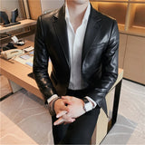 Itooh Brand Clothing Men's Leather Jacket British Style Slim PU Leather Blazers Solid Color Business Casual Suit Jacket Men Clothing