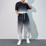 Itooh Gradient Baggy Y2k Set Men Wide Leg Pant Tshirts Summer High Waist Pleated Trousers Short Sleeve Tees Ice Silk Two Piece Suit