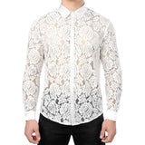 Itooh Mid-Century Retro Style Mens Tops Autumn See-through LGBT Flower Lace Hollow Transparent Shirt Long Sleeve Button-Down Shirt