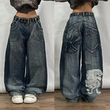 ITOOH 2024 New American Harajuku Vintage Straight High Waist Y2K Women Washed Blue Pocket Baggy Jeans Street Style Gothic Wide Pants