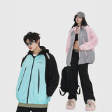 ITOOH Winter Outfits Men Retro Color Block Hooded Windbreaker Jacket