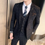 ITOOH ( Jacket + Vest + Pants ) Boutique Fashion Mens Plaid Casual Business Suit High-end Social Formal Suit 3 Pcs Set Groom Wedding